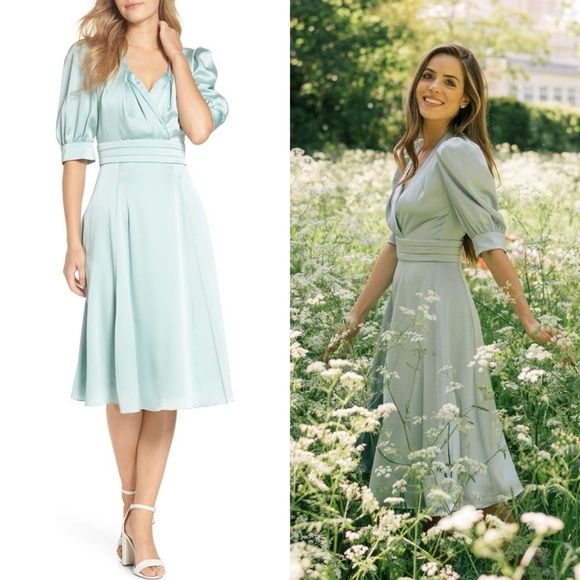 NWT Gal Meets Glam Collection Vera Satin Fit & Flare Dress in Sea Glass Size 12 - Picture 1 of 13